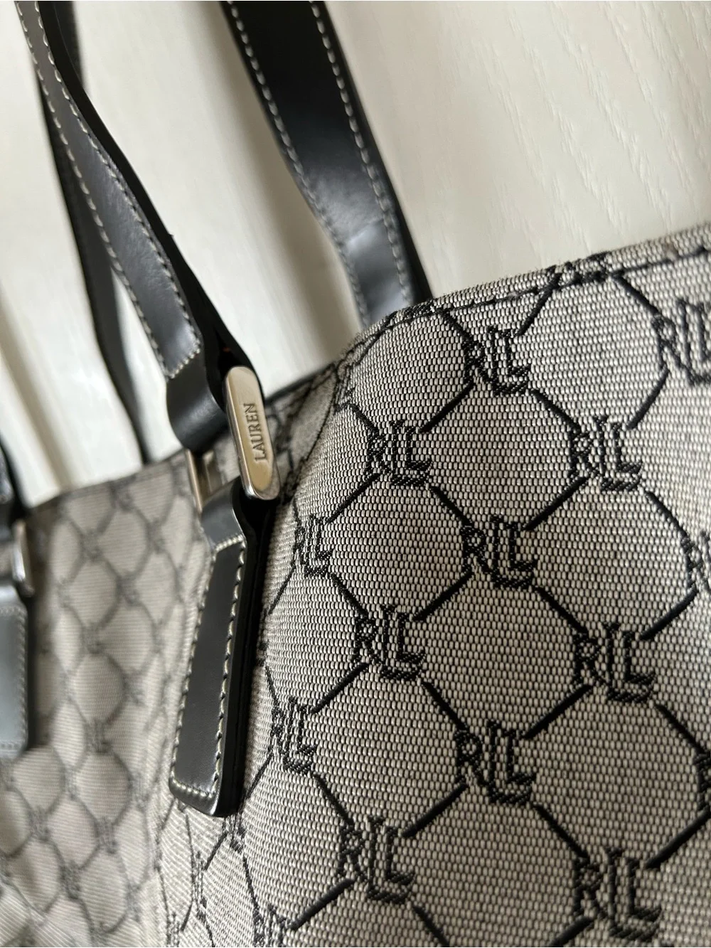 Ralph Lauren Black and Cream Monogram Shoulder Tote